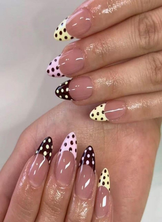 Sevgob Almond Press on Nails Polka Dot Nails Press on Medium False Nails with Designs Reusable Colorful French Tips Glue on Nails Glossy Dots Fake Nail Cute Fall Winter Nail for Women Manicure 24Pcs - Image 1